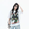 Zuocisankon Oversize Cute Cat Graffiti Print Tee