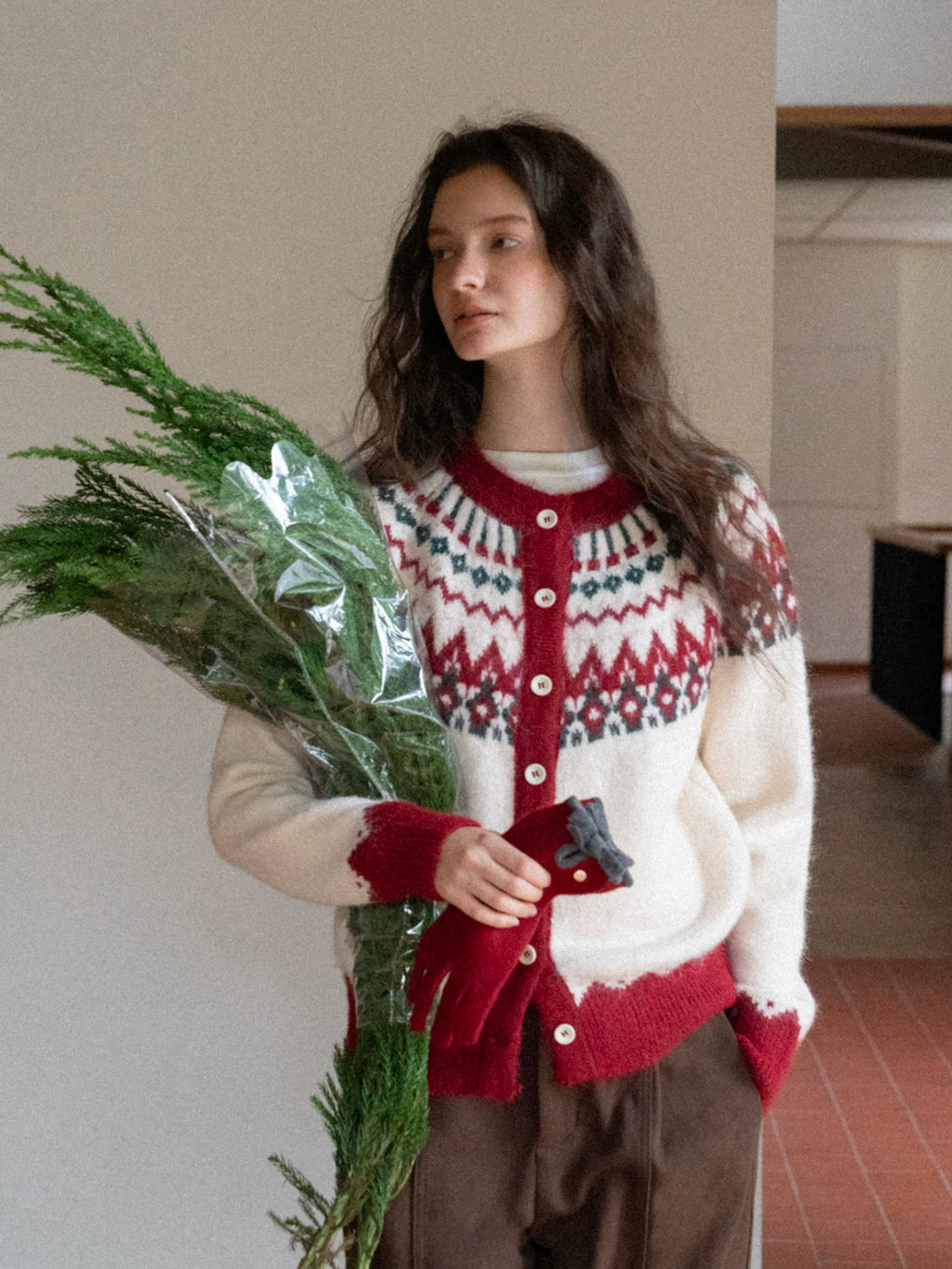 EGGKA Contrasting Color Crew Neck Loose Cardigan Sweater