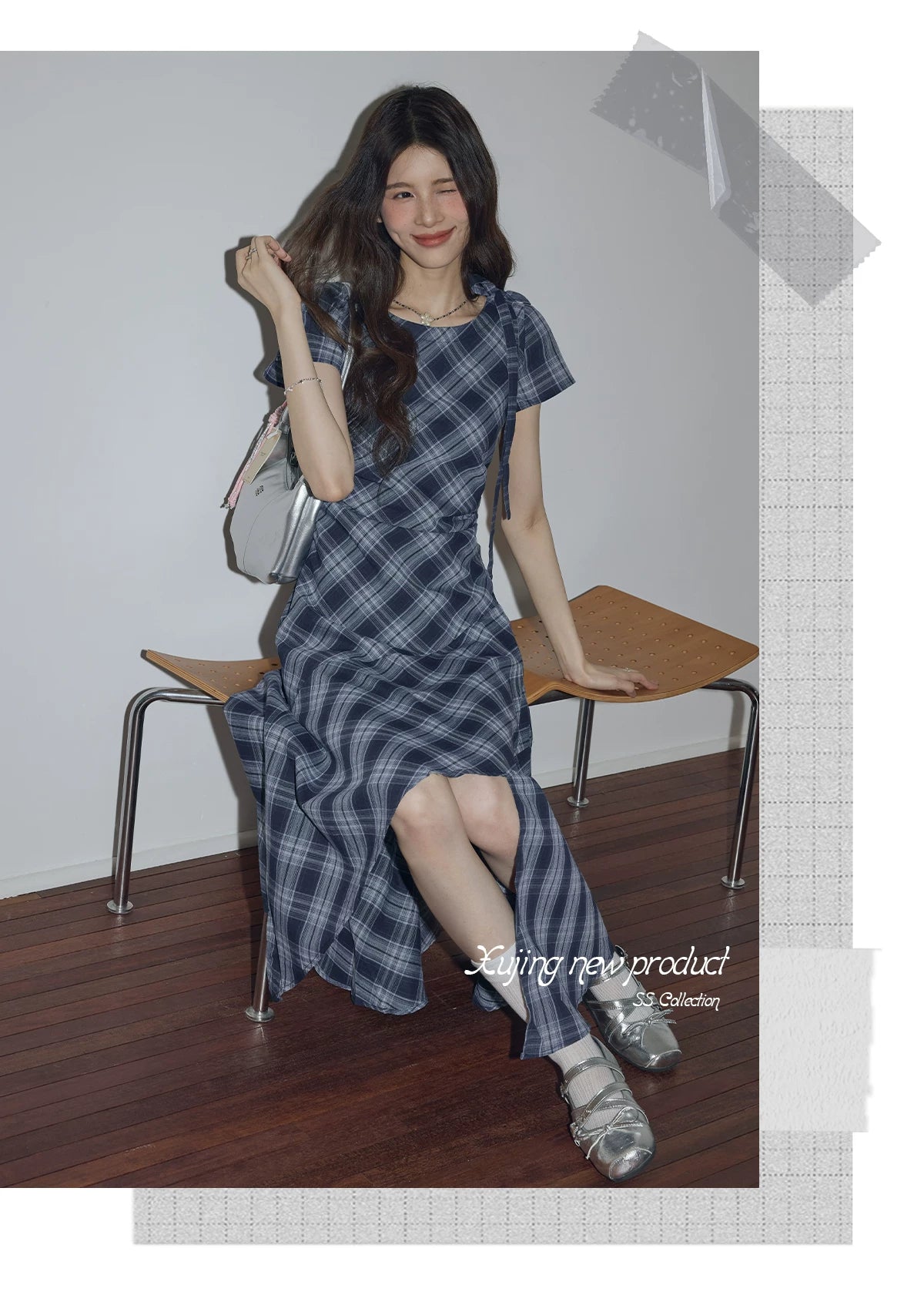 XUJING Retro Drape Irregular Plaid Dress