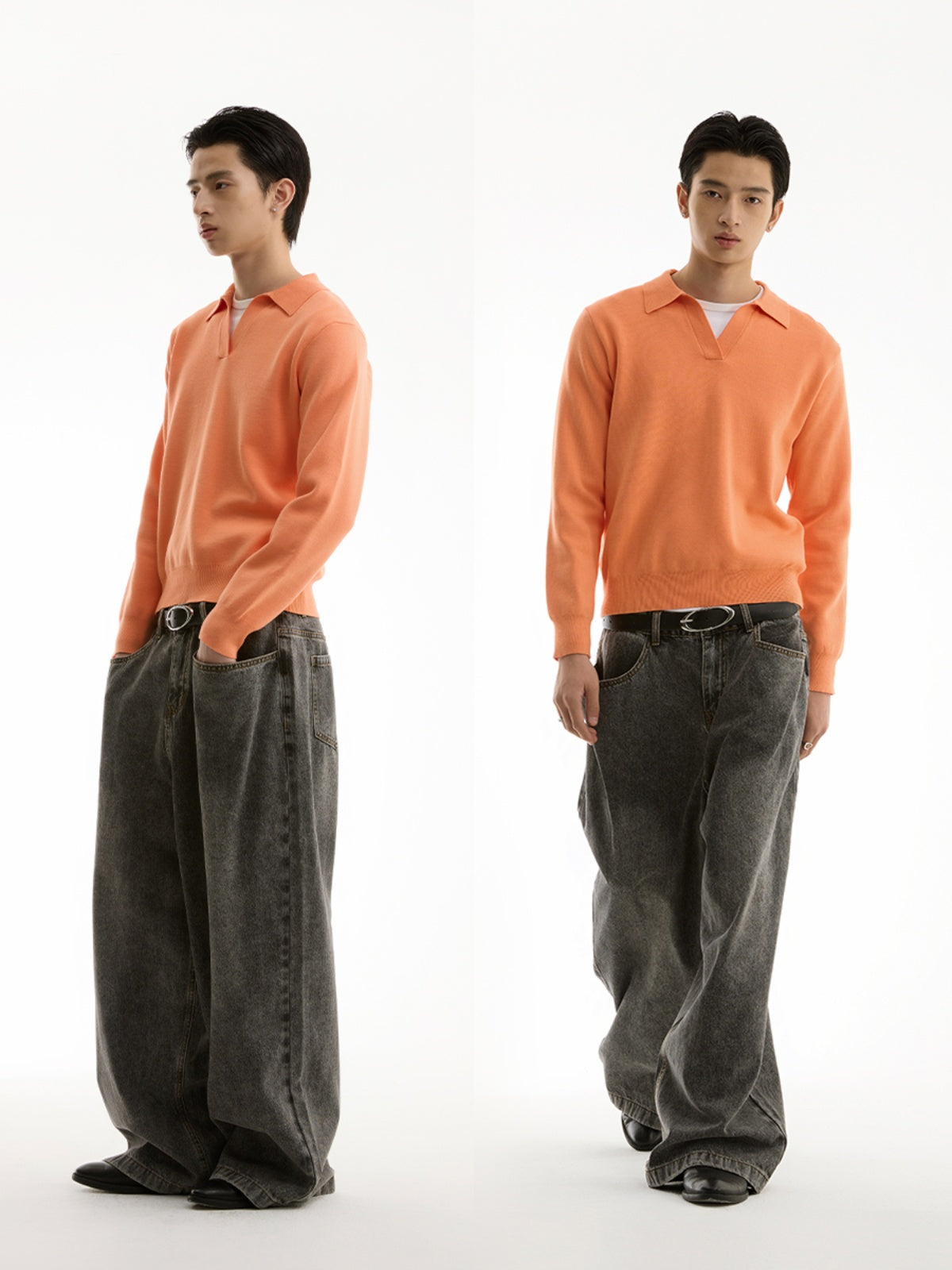 FUNKYFUN Plain Weave Polo Lapel-neck Knitted Sweater