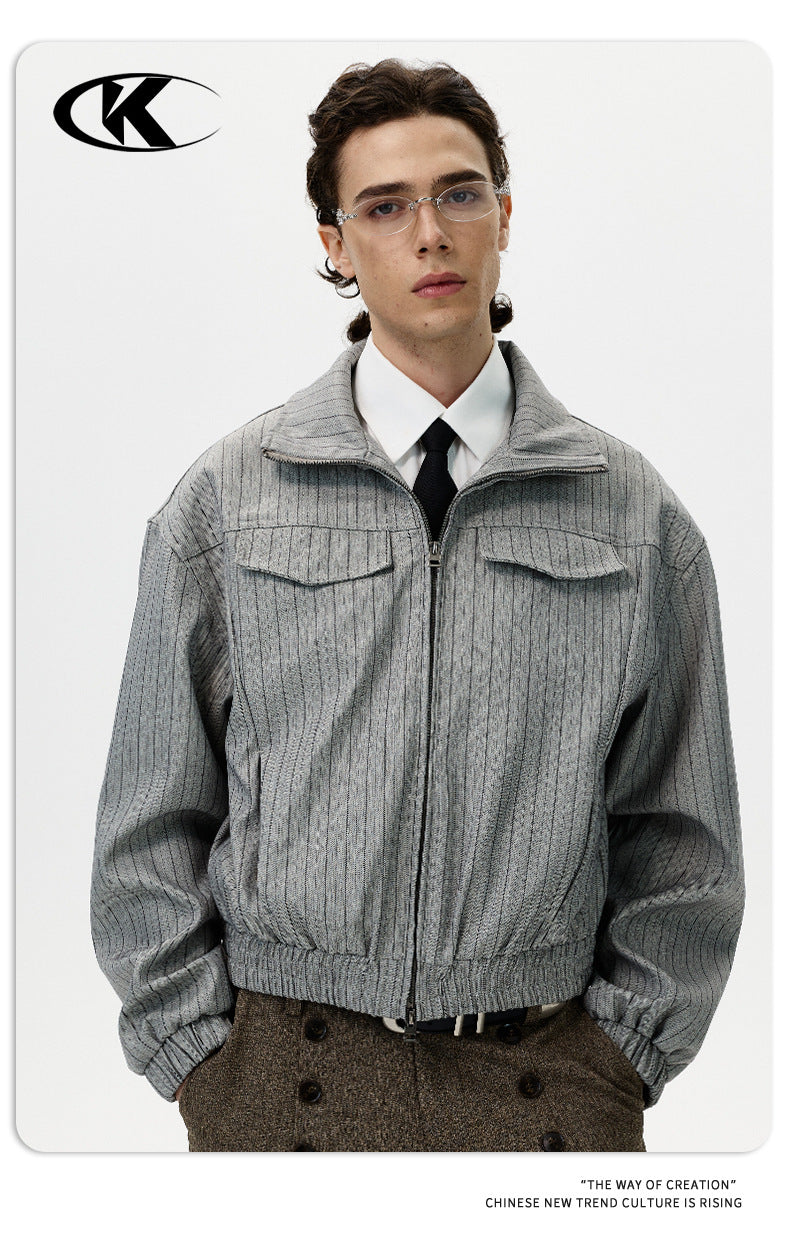 11KN Striped Casual Loose Stand-Up Neck Cardigan