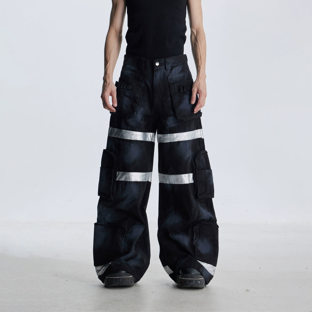 NOMANIAI Dirty-dyed Multi-pocket Workwear Wide-leg Jeans