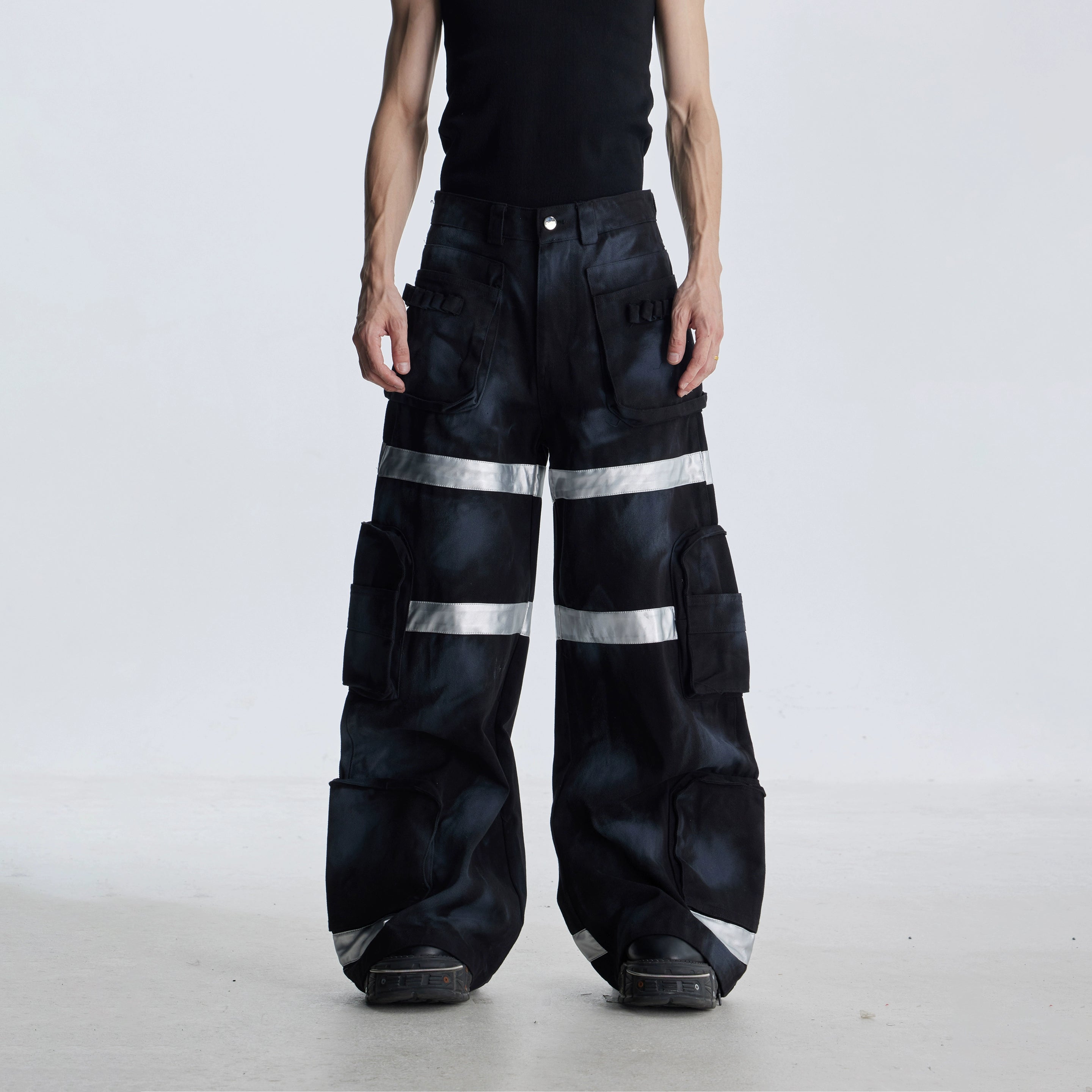 NOMANIAI Dirty-dyed Multi-pocket Workwear Wide-leg Jeans