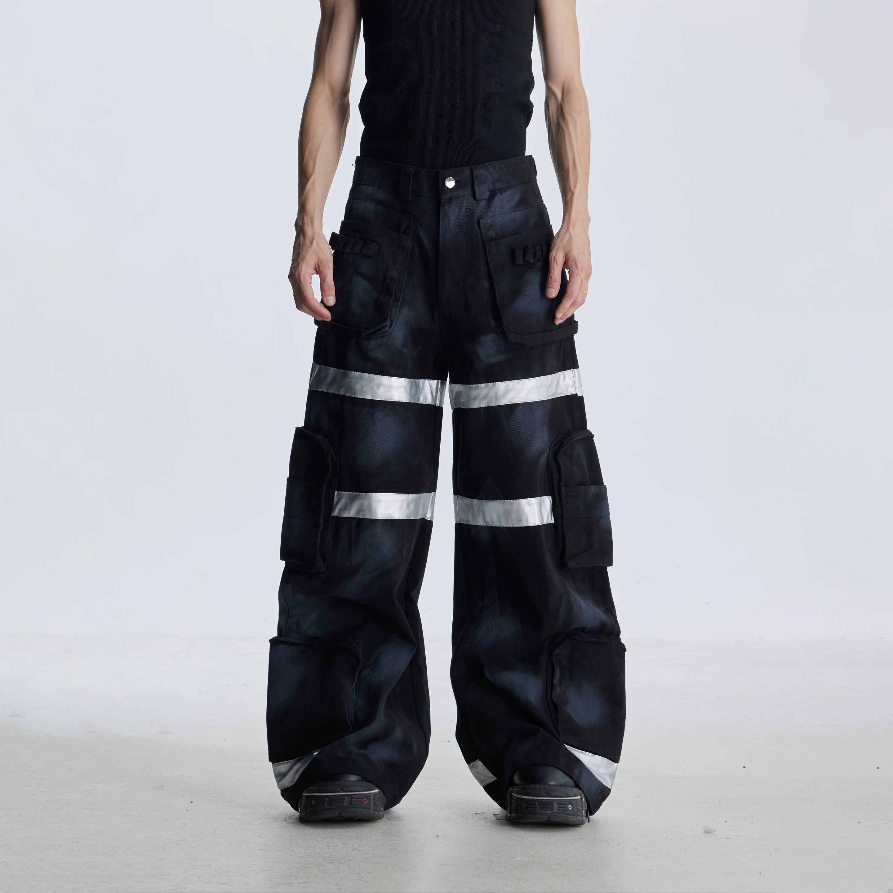 NOMANIAI Dirty-dyed Multi-pocket Workwear Wide-leg Jeans