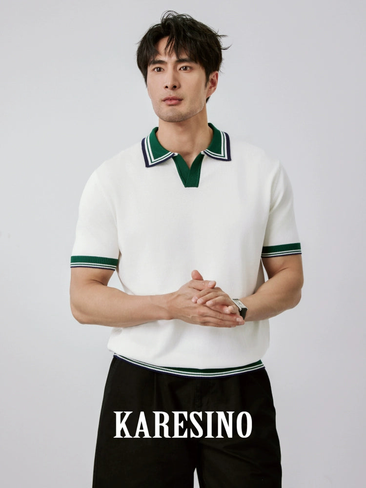 KARESINO Cold Silk Cool Color Contrasting Splicing Knitted Polo Shirt