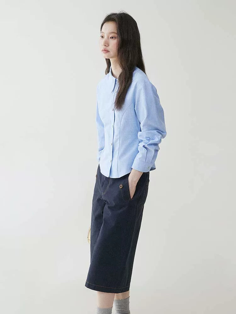 VOOE Irregular Lapel Striped Waist Shirt