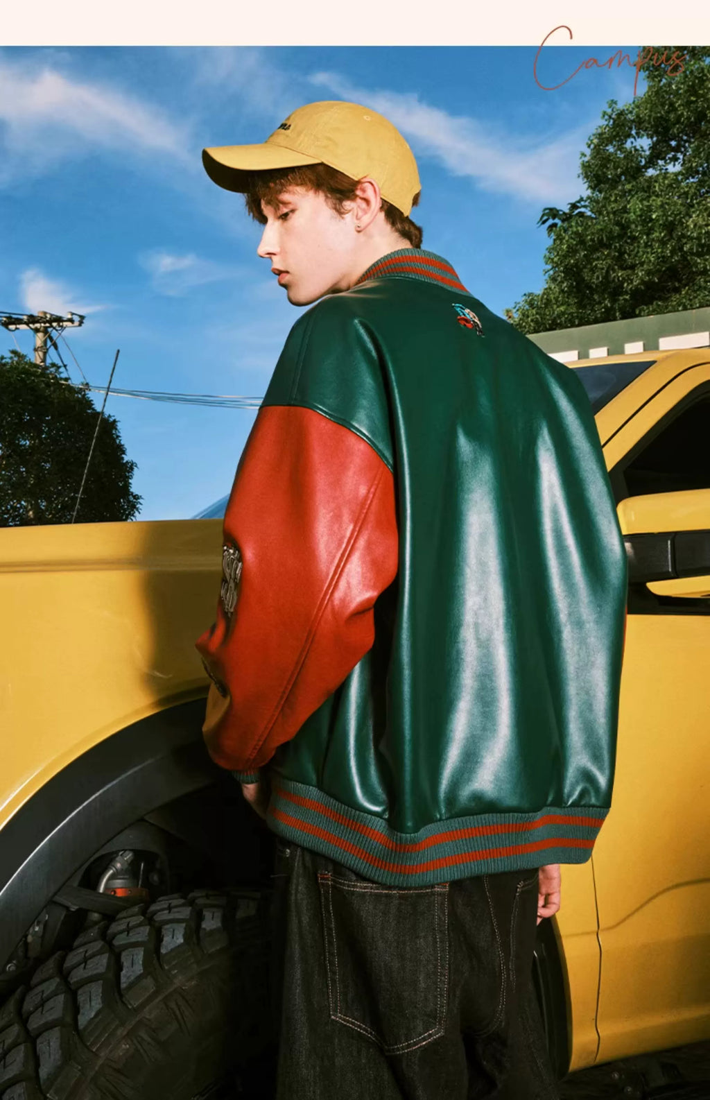 MATCHA STORY PU Leather Heavy Industry Embroidered Baseball Jersey