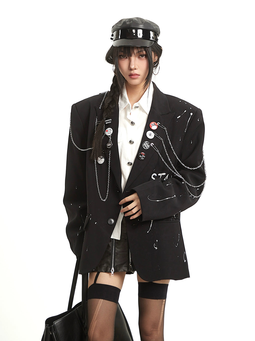 UNCMHISEX Chain Front Shoulder Loose Blazer