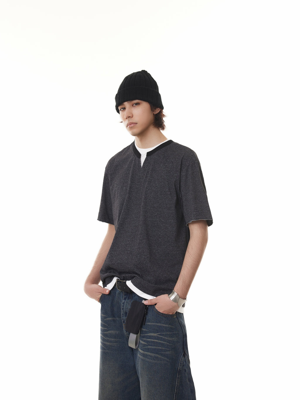 BTSG fake two-piece stacked Henry collar Tee