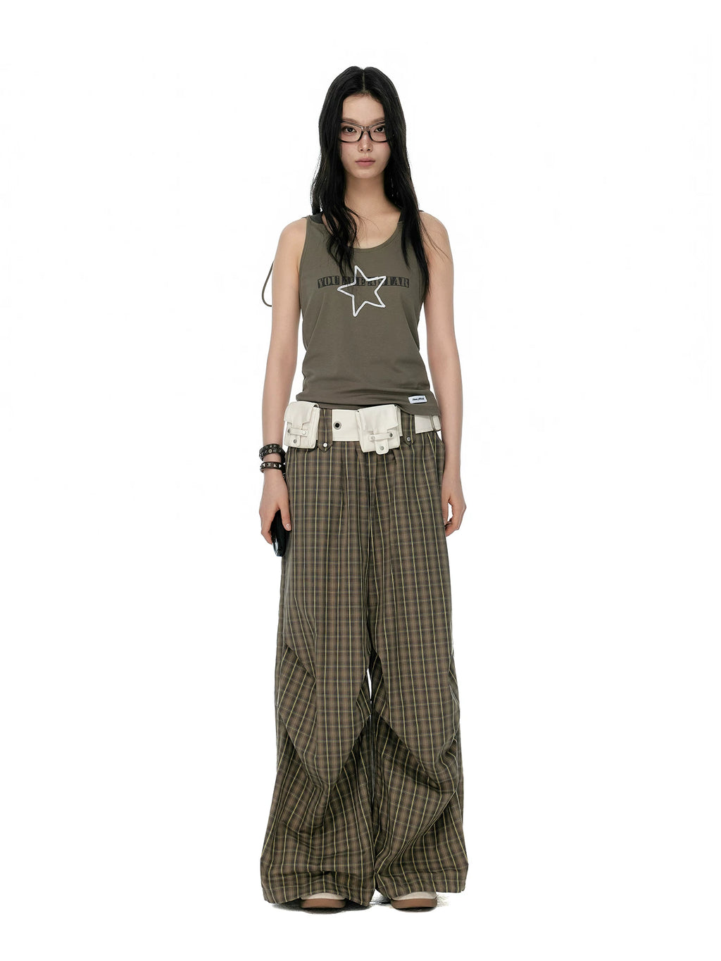 JIKOO Plaid Elastic Waist Drawstring Pleated Trousers