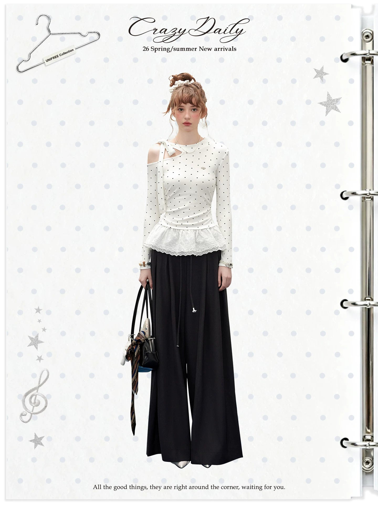 UNIFREE Polka Dot Off Shoulder Waist Strap Lace Splicing Long Sleeve