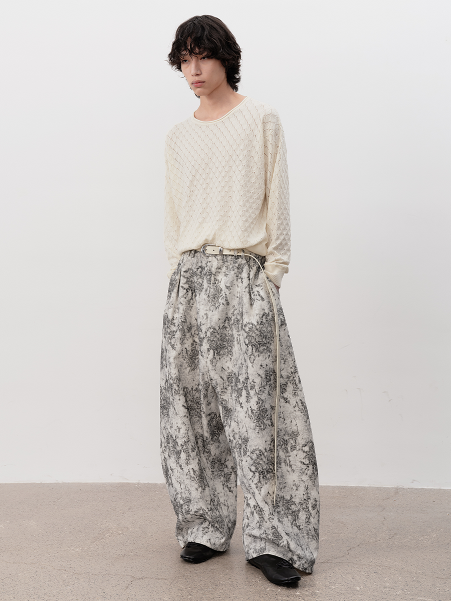 JCAESAR White Corrugated Jacquard Wide-leg Trousers