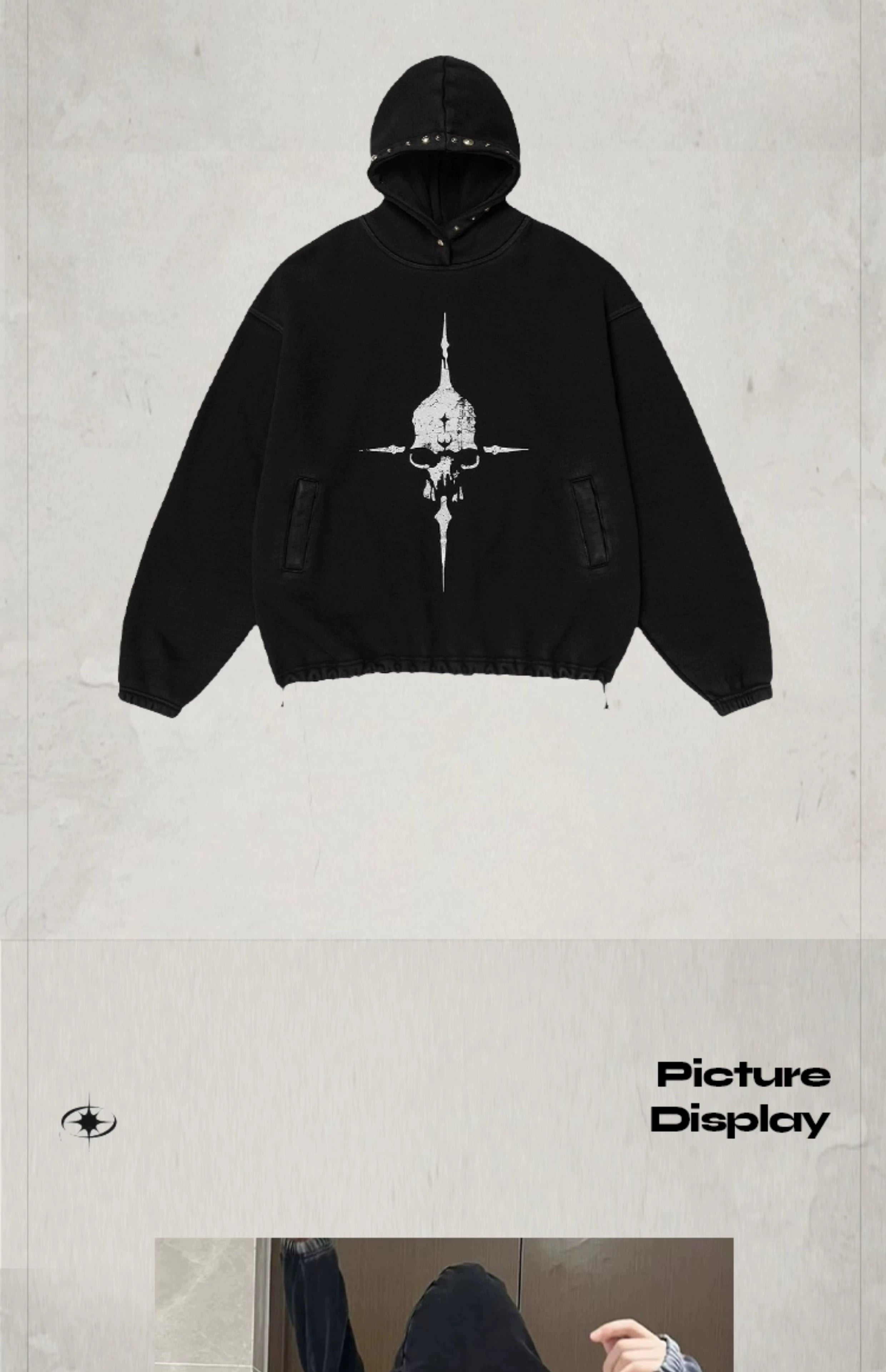 KONOOT Skull Print Washed Rivet Hooded Sweater