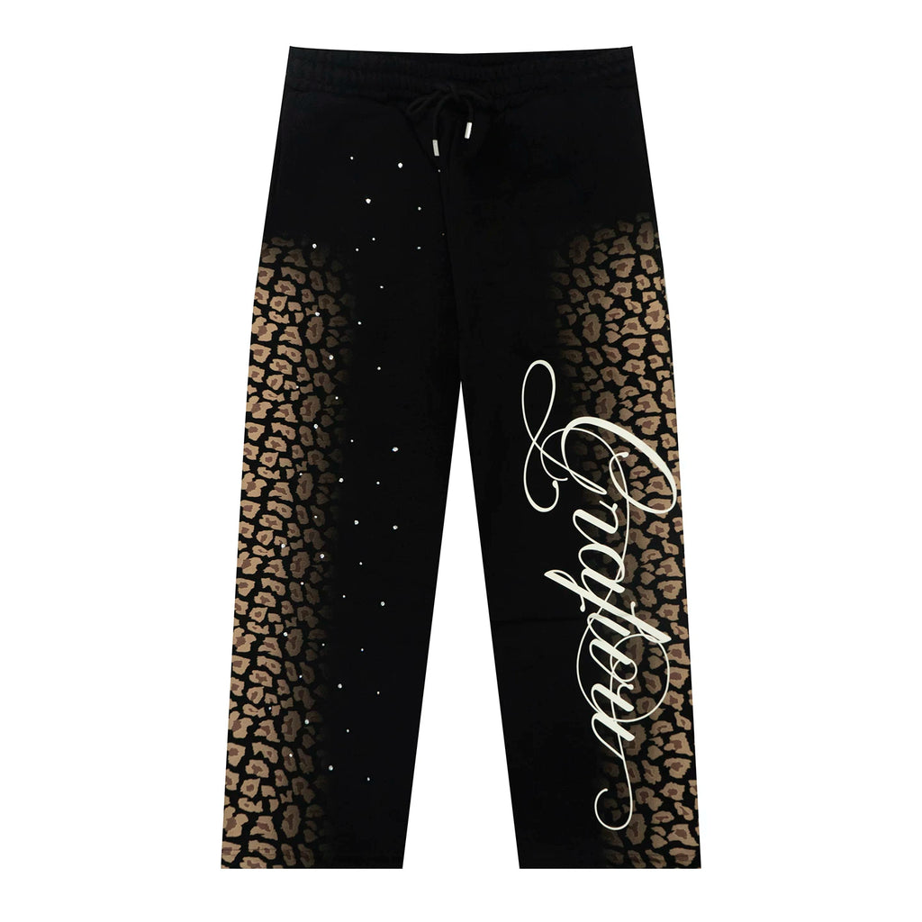 GRAF Gradual Change Snow Leopard Pattern Rhinestone Fleece Sweatpants