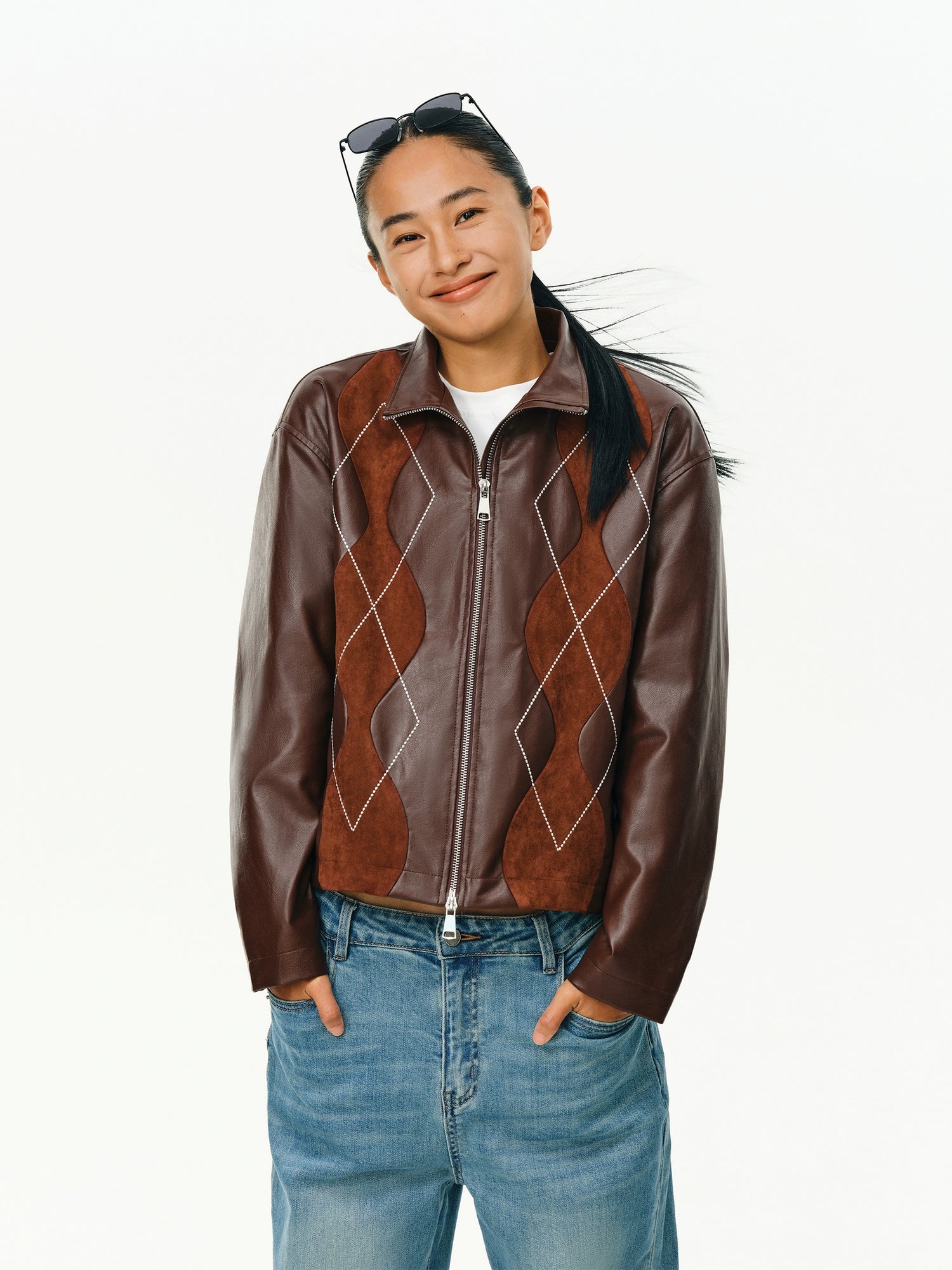 ATRY Retro Ruffian Handsome Rhombus Stitched Suede PU Locomotive Jacket