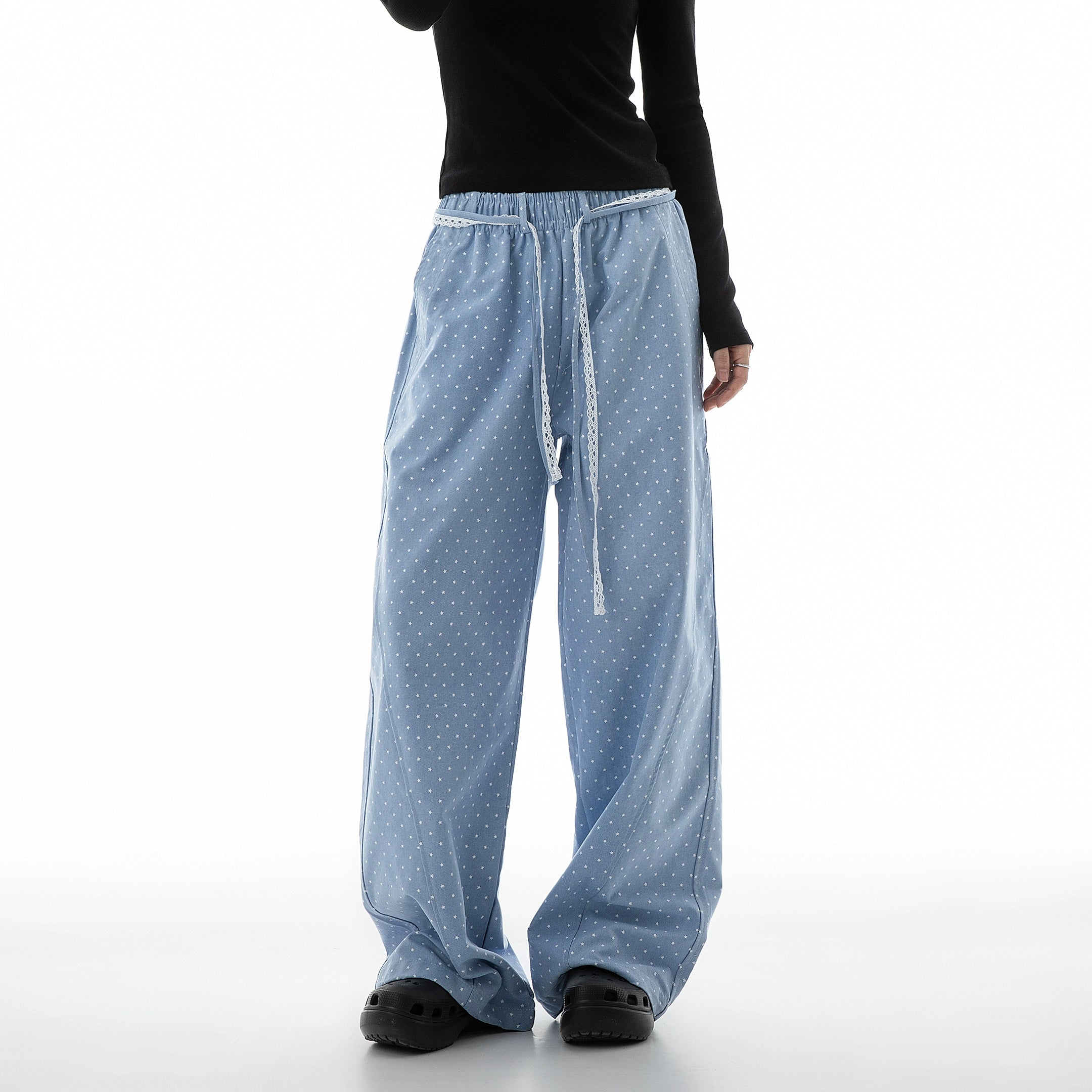 ICH MODE Vintage Star Straight Elastic Waist Wide Leg Pants