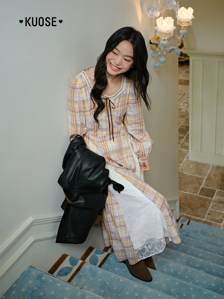 Kuose Temperament Lace Plaid Square Neck Long Sleeve Cinched Waist Dress