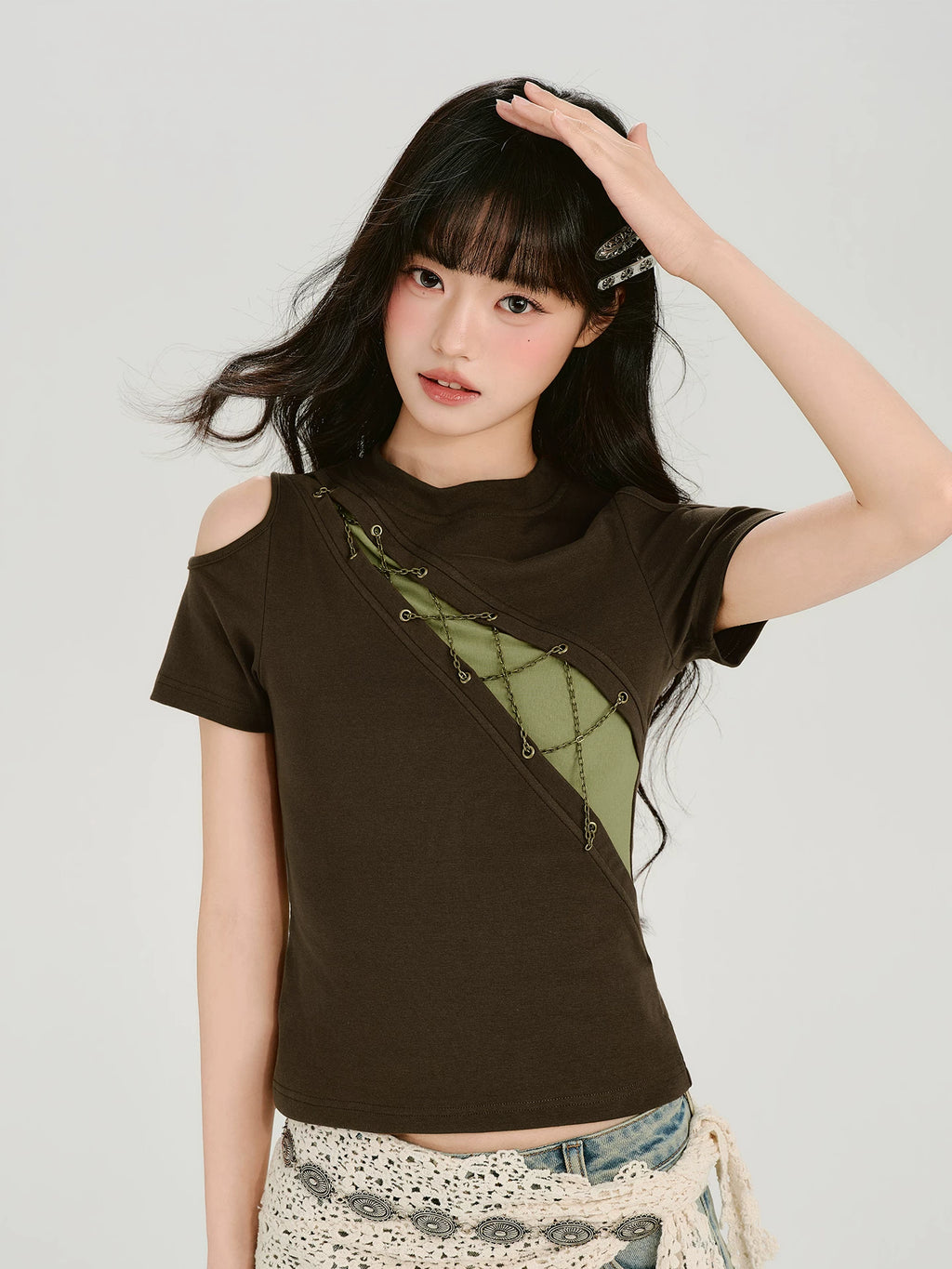 Girlyhalo Vintage Fake Two Piece Splicing Off-Shoulder Slim Tee