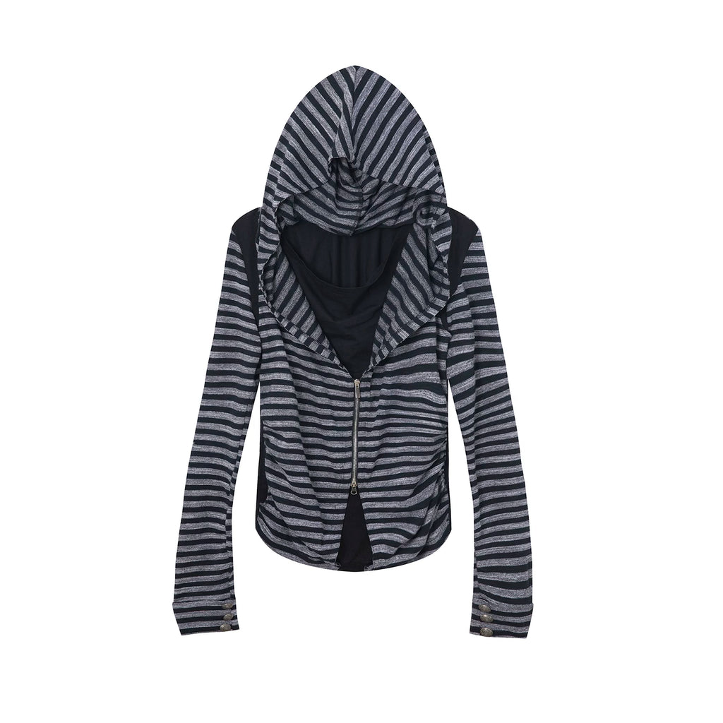 DoublePunch Fake Two-piece Splicing Striped Zipper Long Sleeve