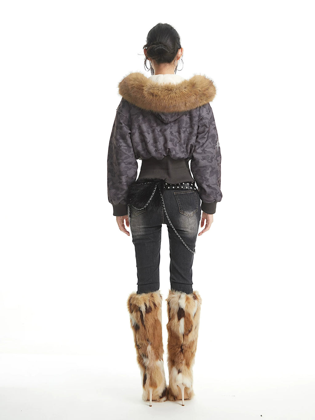 UNCMHISEX Vintage Camouflage Fleece Collar Fleece Waist Short Jacket