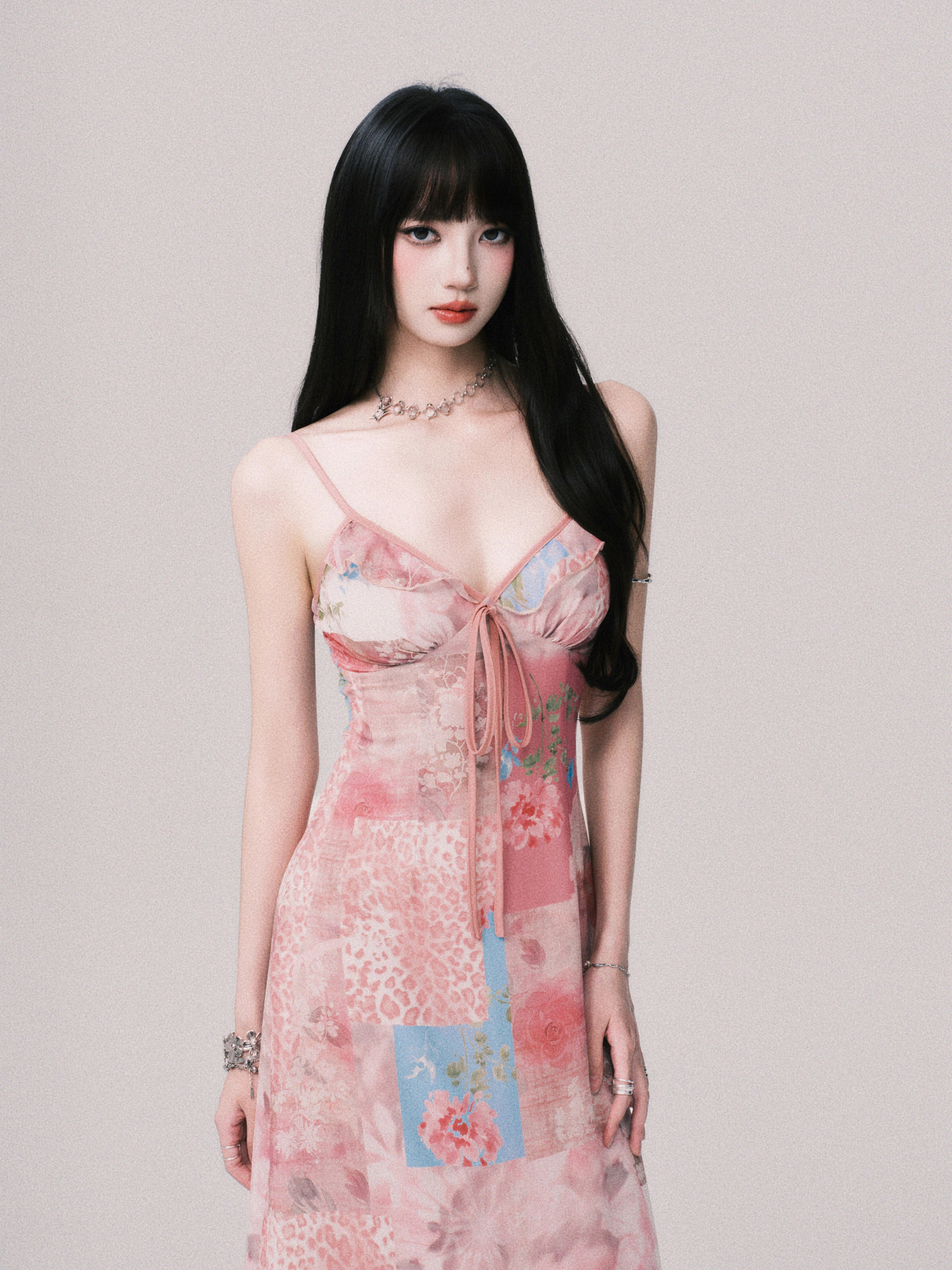 LULUSWINGS Beach Resort V-neck Splicing Print Suspender Skirt