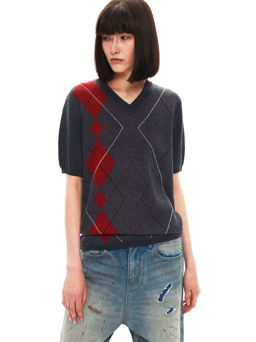 Slight Vogue Contrast Rhombus Splicing V-Neck Wool Tee