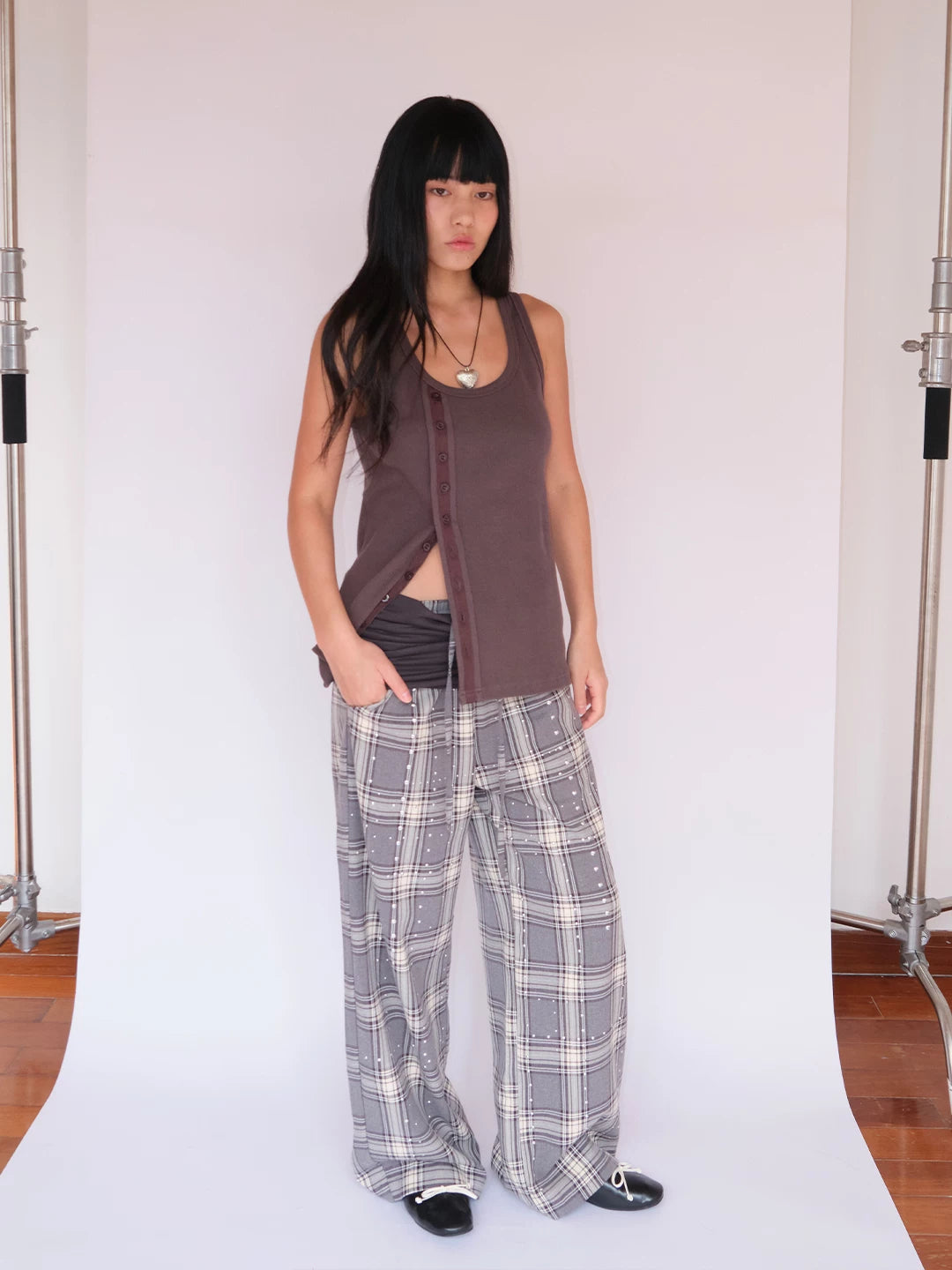 FUNKYFUN Waist Stacked Plaid Slacks