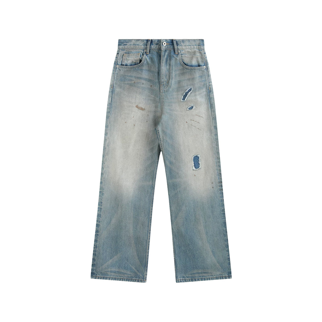 Slight Vogue Ripped Splicing Old Spray Embroidered Straight Jeans