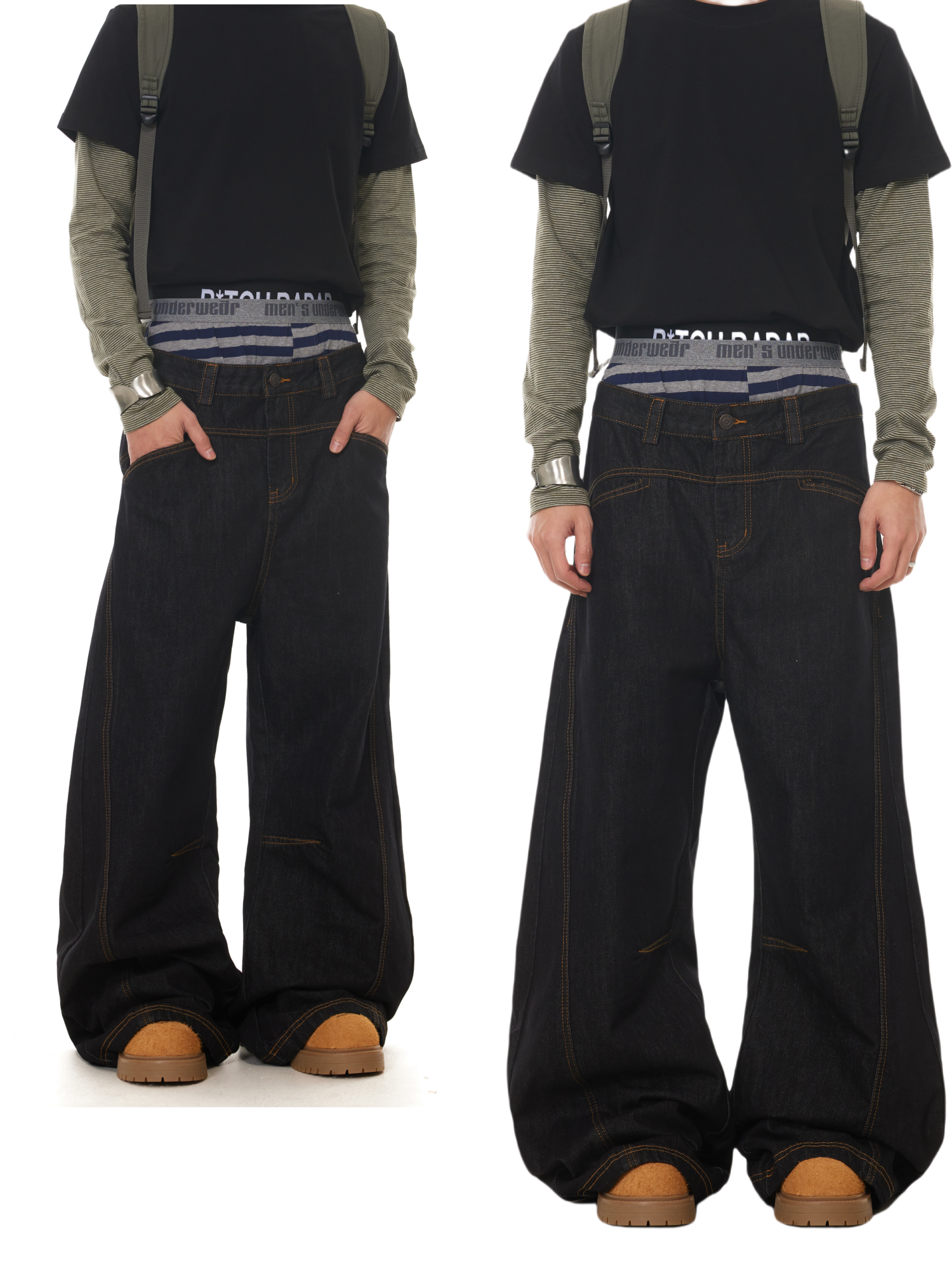 BTSG A-shaped bright line deconstruction primary scimitar jeans