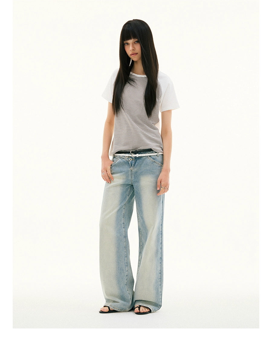 FUNKYFUN Pinstripe Contrasting Patchwork Shoulder Tee