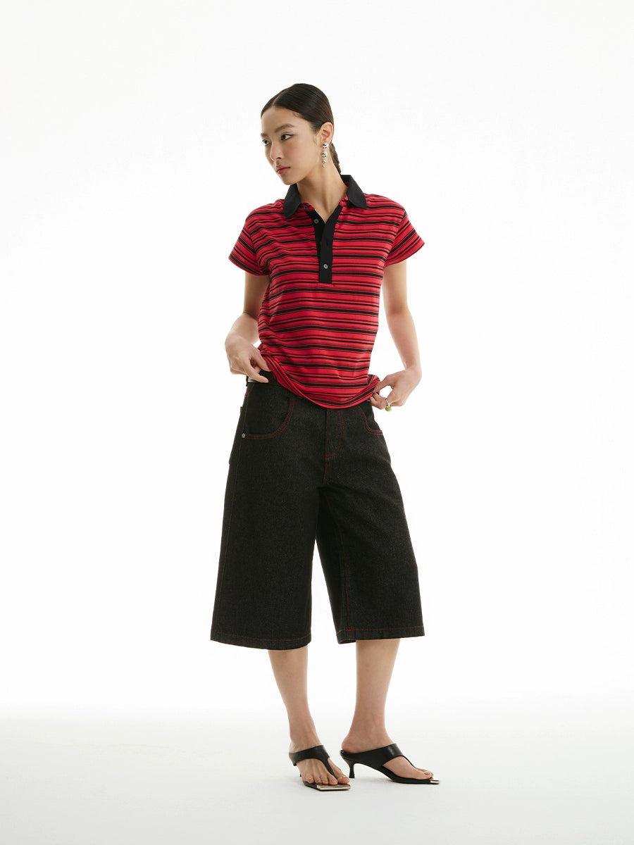 FUNKYFUN Contrasting Stitching Embroidered Eight-point Straight Jeans