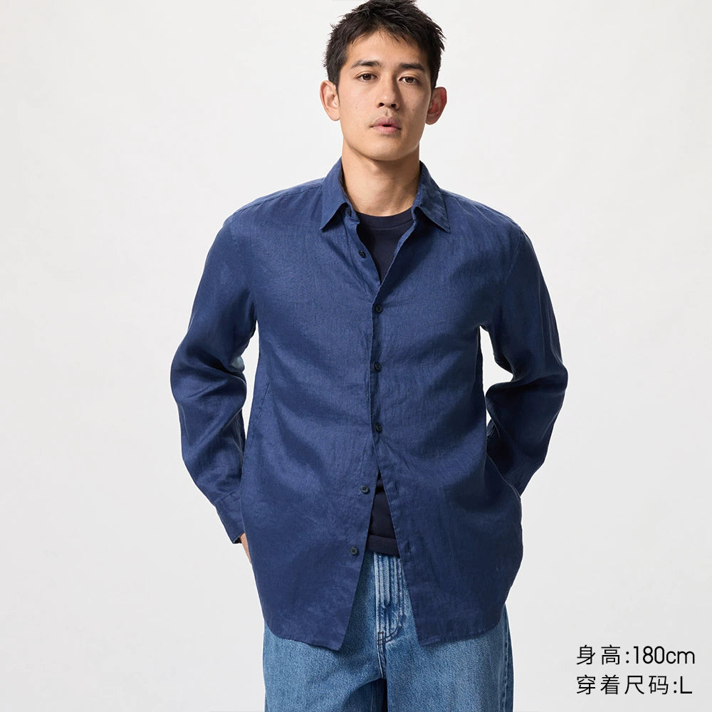 Uniqlo Men's and Women's French Hemp Shirt/Long Sleeve Shirt Linen Casual 25 Spring and Summer New 477641