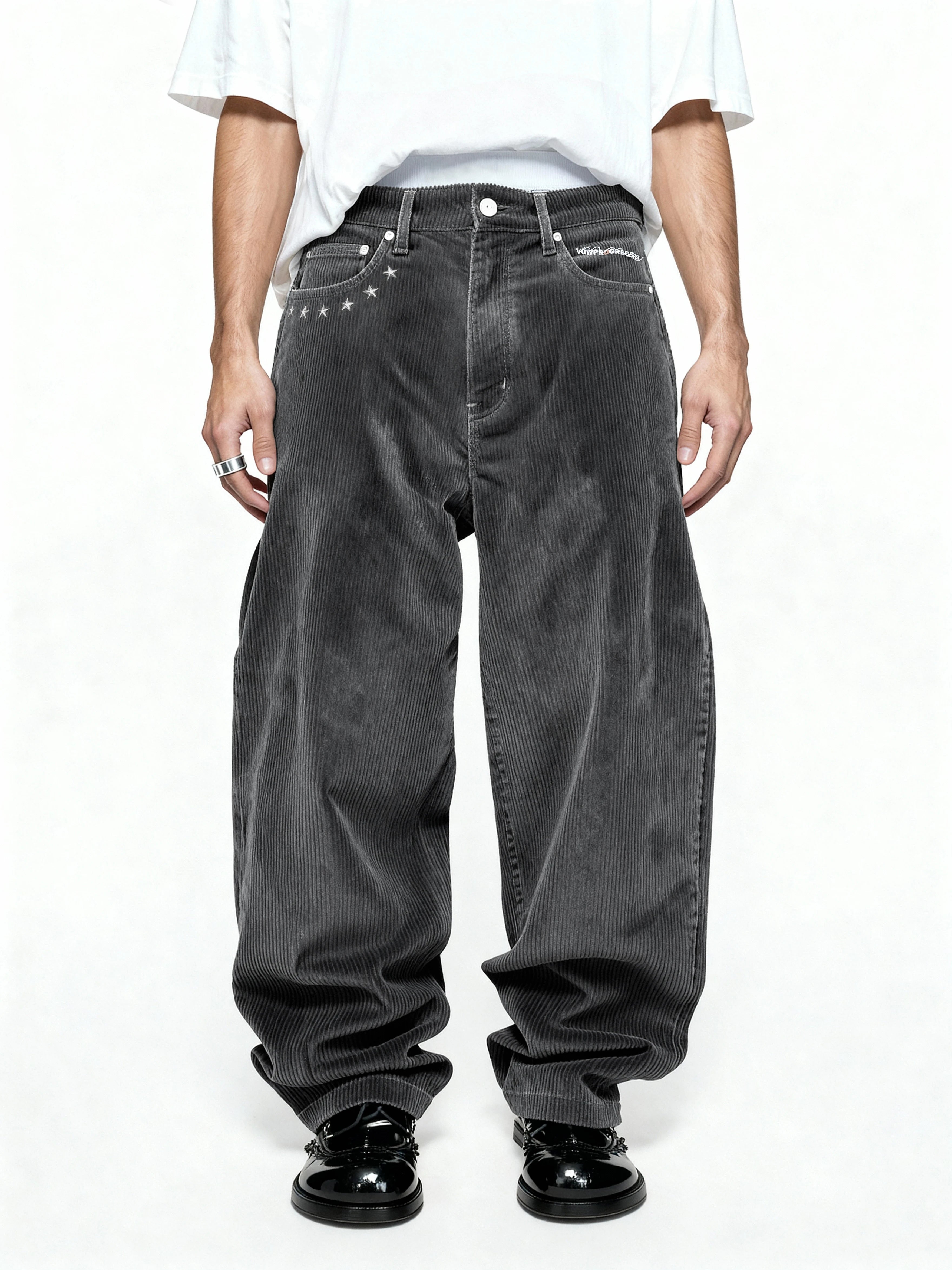 VOWPROGRESS  Corduroy Faded Embroidered Straight Loose Vintage Trousers