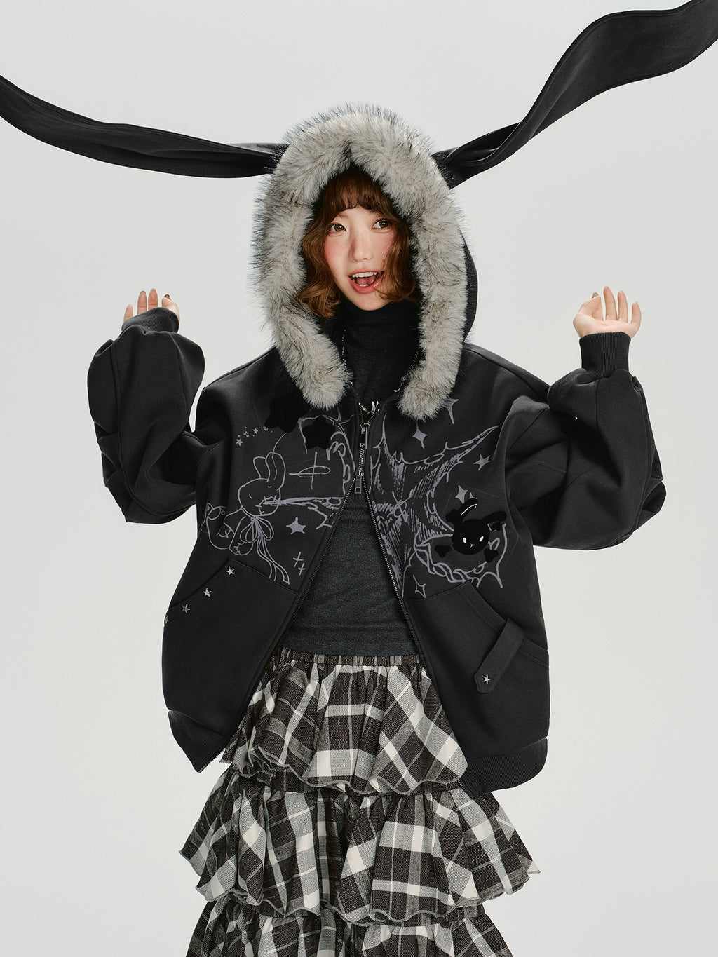 Girlyhalo Vintage Print Hooded Sweater Jacket