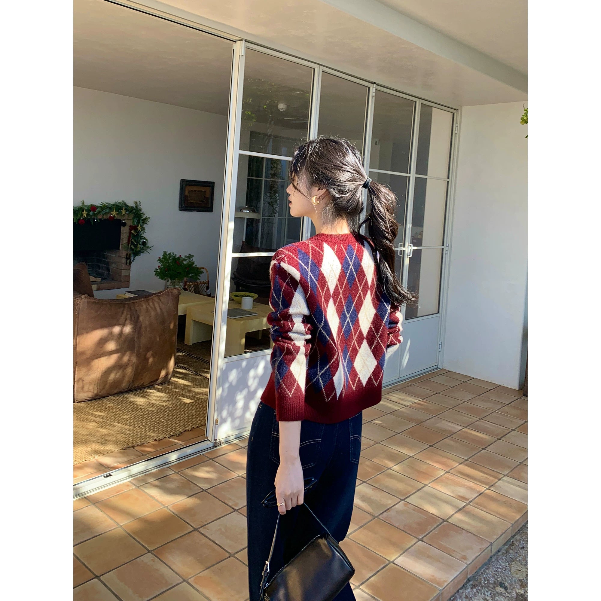 Pusumede Vintage Rhombus Crew Neck Knitted Jacket