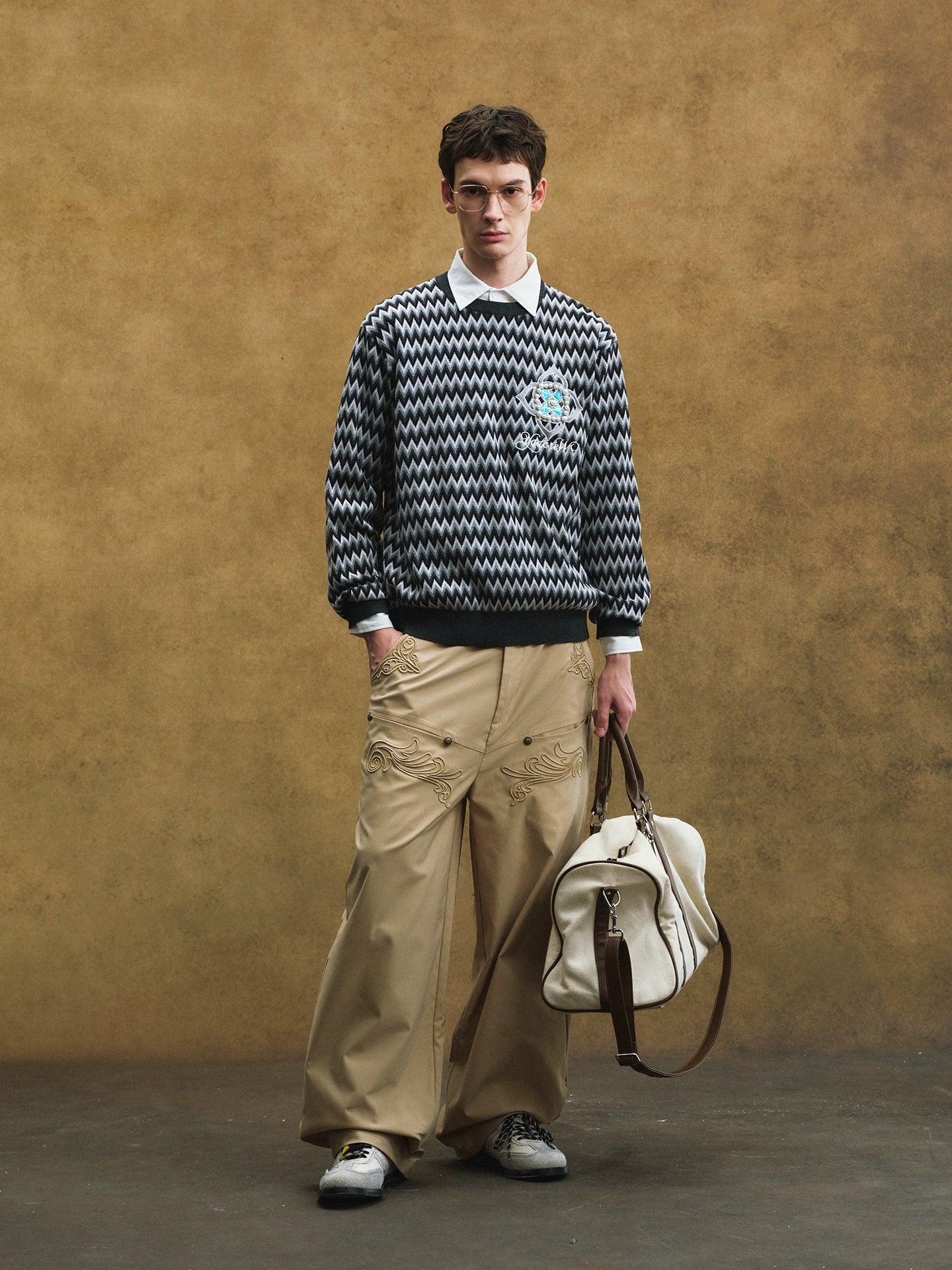 YADcrew Casual Beaded Cross Flower Wavy Knitted Sweater