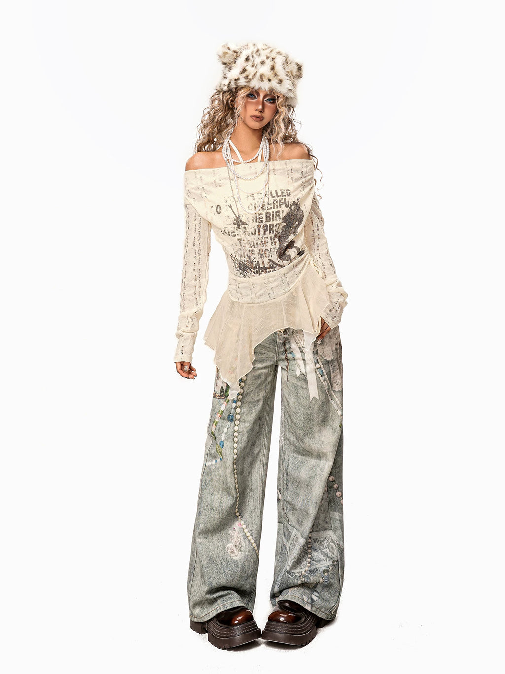 Arielink Retro Mesh Hem One-word Shoulder Graffiti Long Sleeve