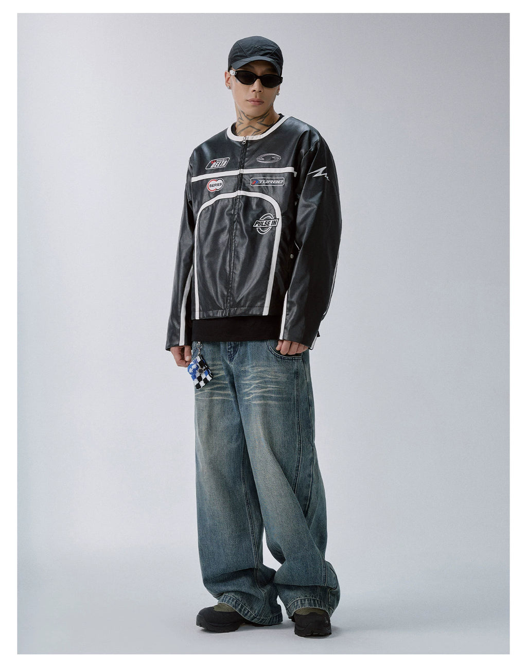 F2CE Embroidered Vintage Striped Stitched Loose Leather Jacket