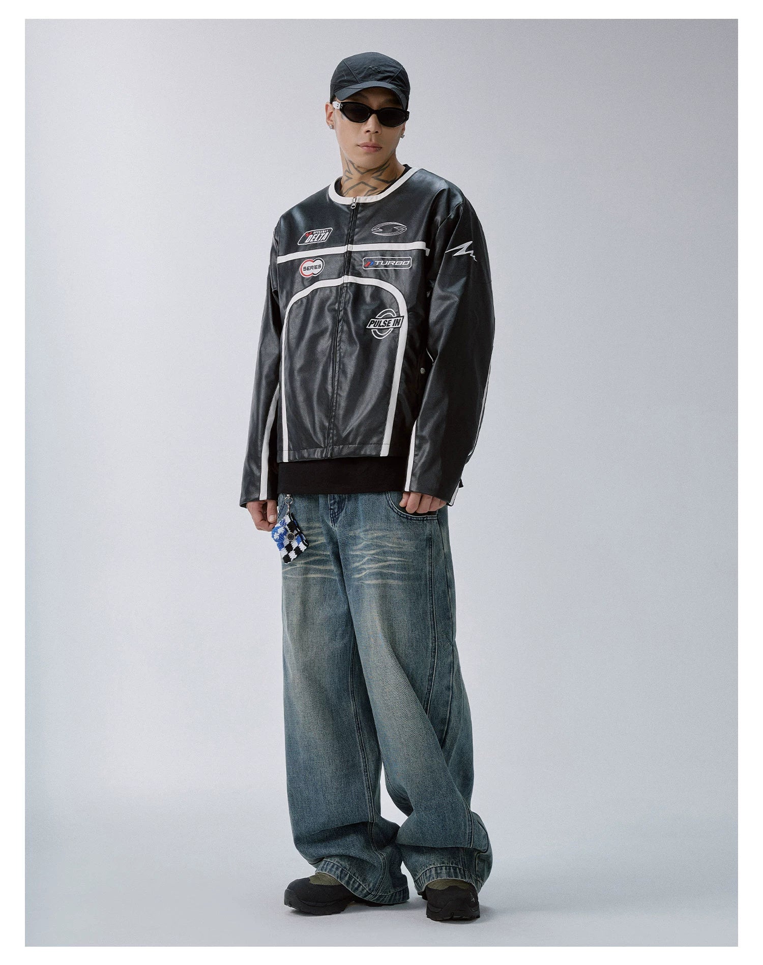 F2CE Embroidered Vintage Striped Stitched Loose Leather Jacket