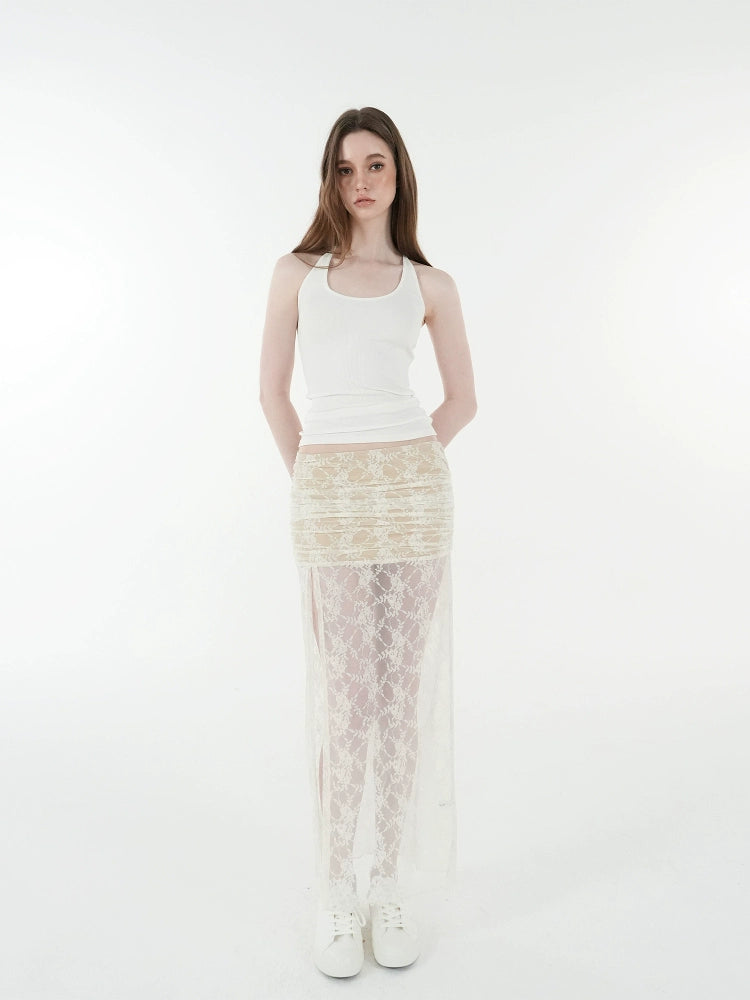 Jim Kennet Lace Jacquard Strap Cardigan High Slit Skirt Set