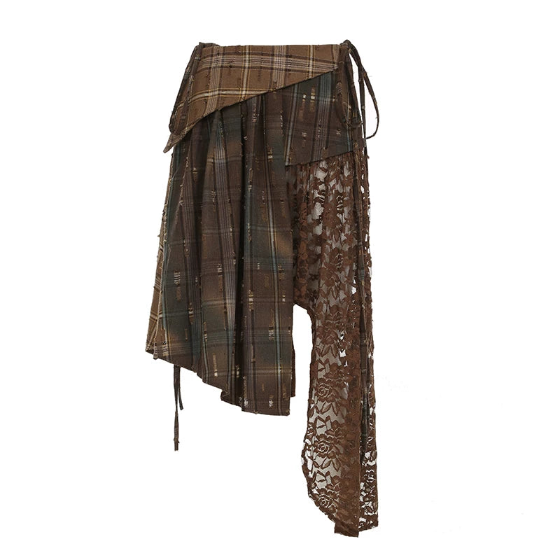 FUNOFF Vintage Irregular Lace Ribbon Checkered Skirt