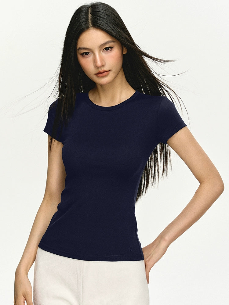 Anna Aneae Straight Shoulder Simple and Versatile Crew Neck Slim Fit Tee