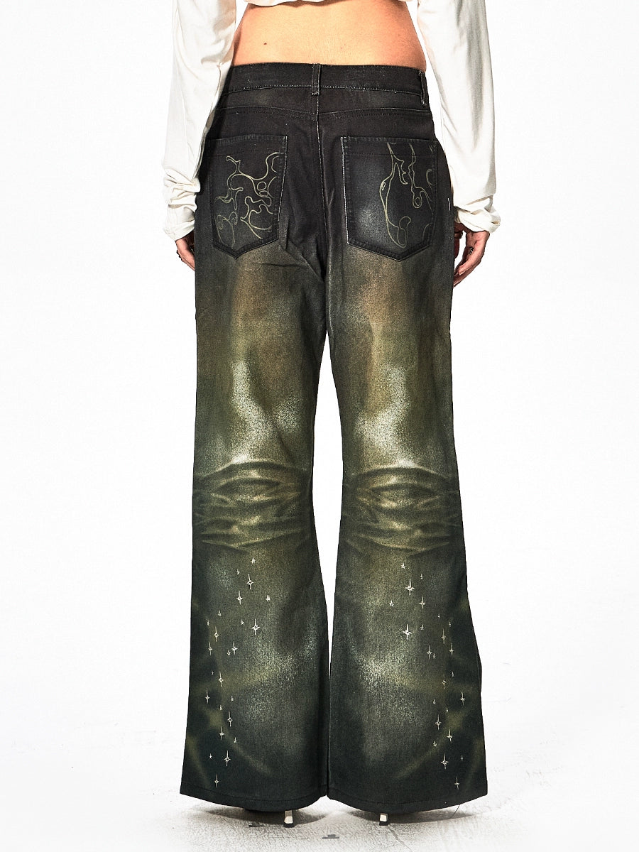 DND4DES Micro-pull Straight Tube Psychedelic Green Gypsy Hot Diamond Trousers
