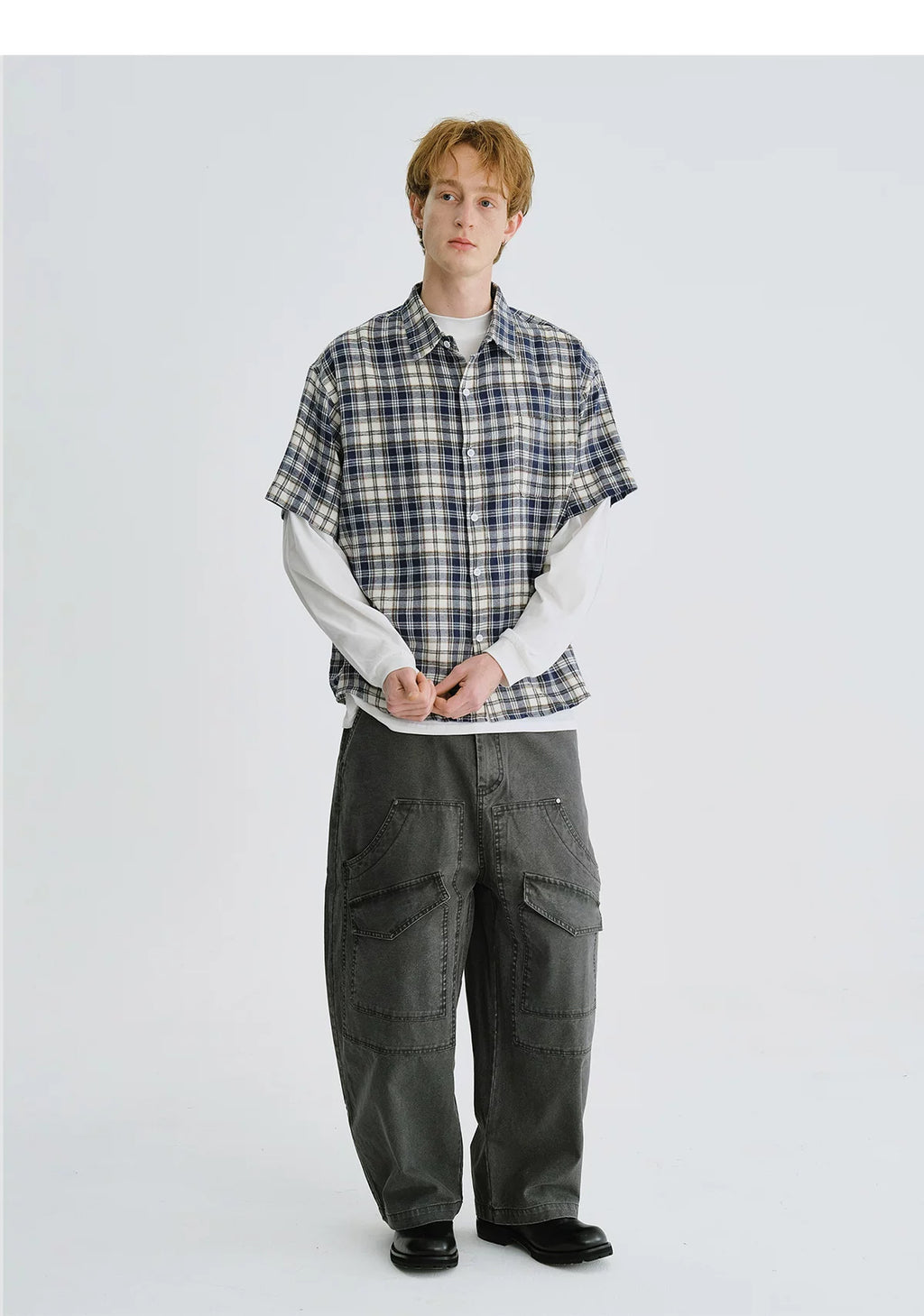 LIVINGTOWN Simple and Versatile Color-blocked Plaid Short-sleeve Shirt