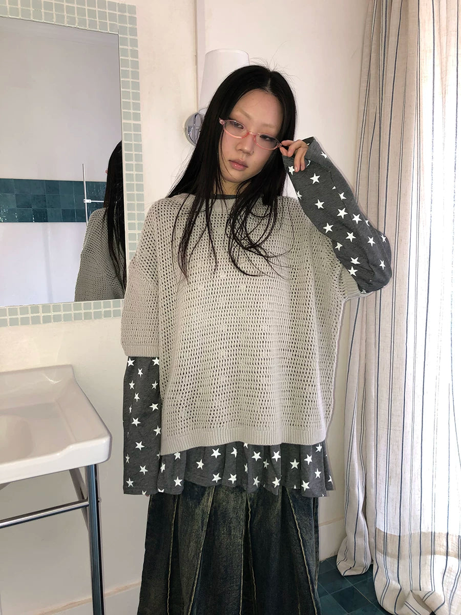Ang: Project Hollow Round Neck Pullover Knitting Tee