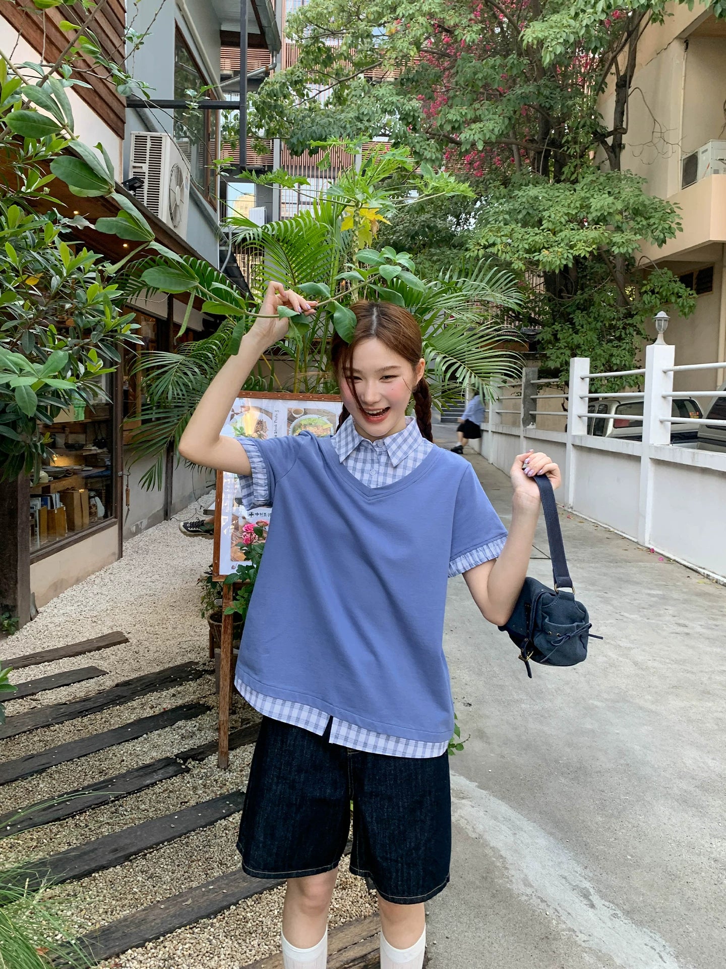 KANO Contrasting Color Lattice Splicing Fake Two-piece Tee