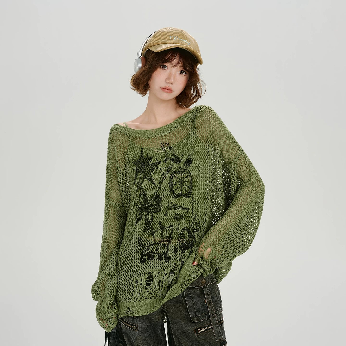 Girlyhalo Vintage Cut-Out Knitted Loose Blouse