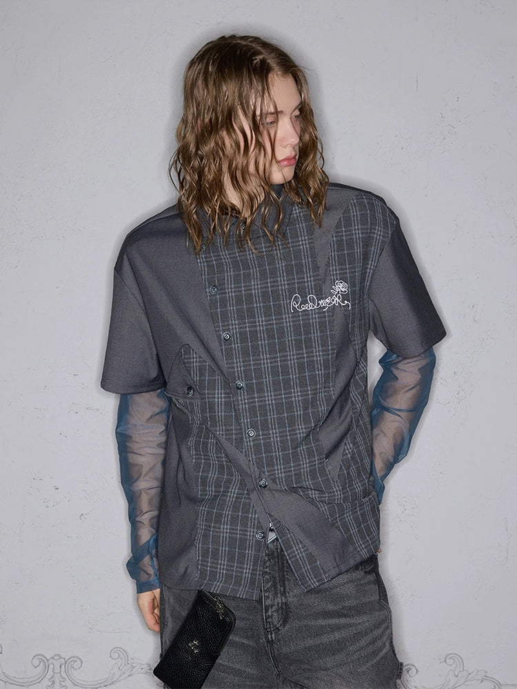 Rocawear Splicing Embroidered Slant Placket Loose Vintage Shirt