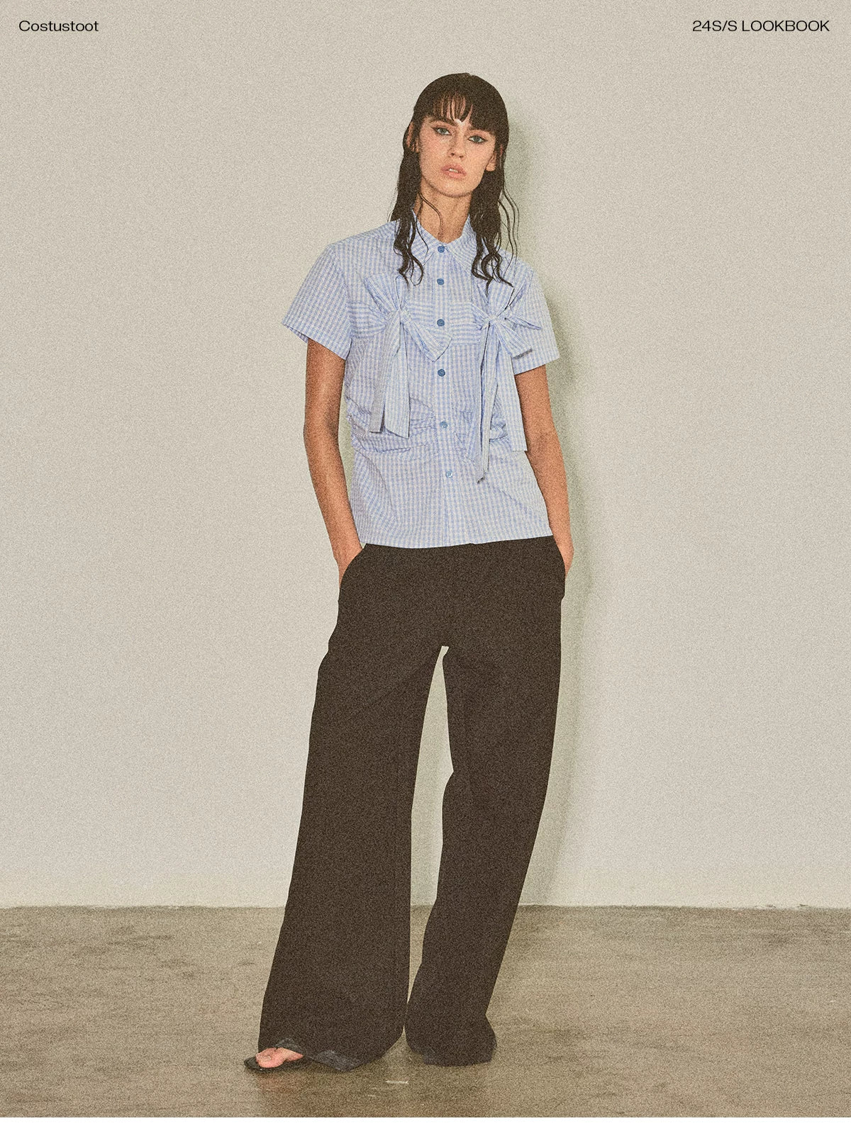 COSTUSTOOT Plaid Waist Slim Short-sleeved Shirt