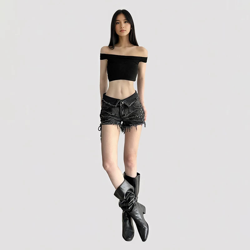 FUNOFF Vintage Riveted Burr-edged Low-rise Denim Shorts